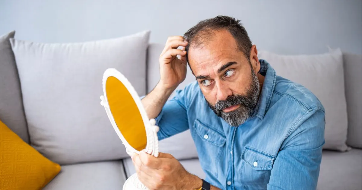 Close-up of a man noticing visible hair loss on his head, touching the thinning area of his scalp.